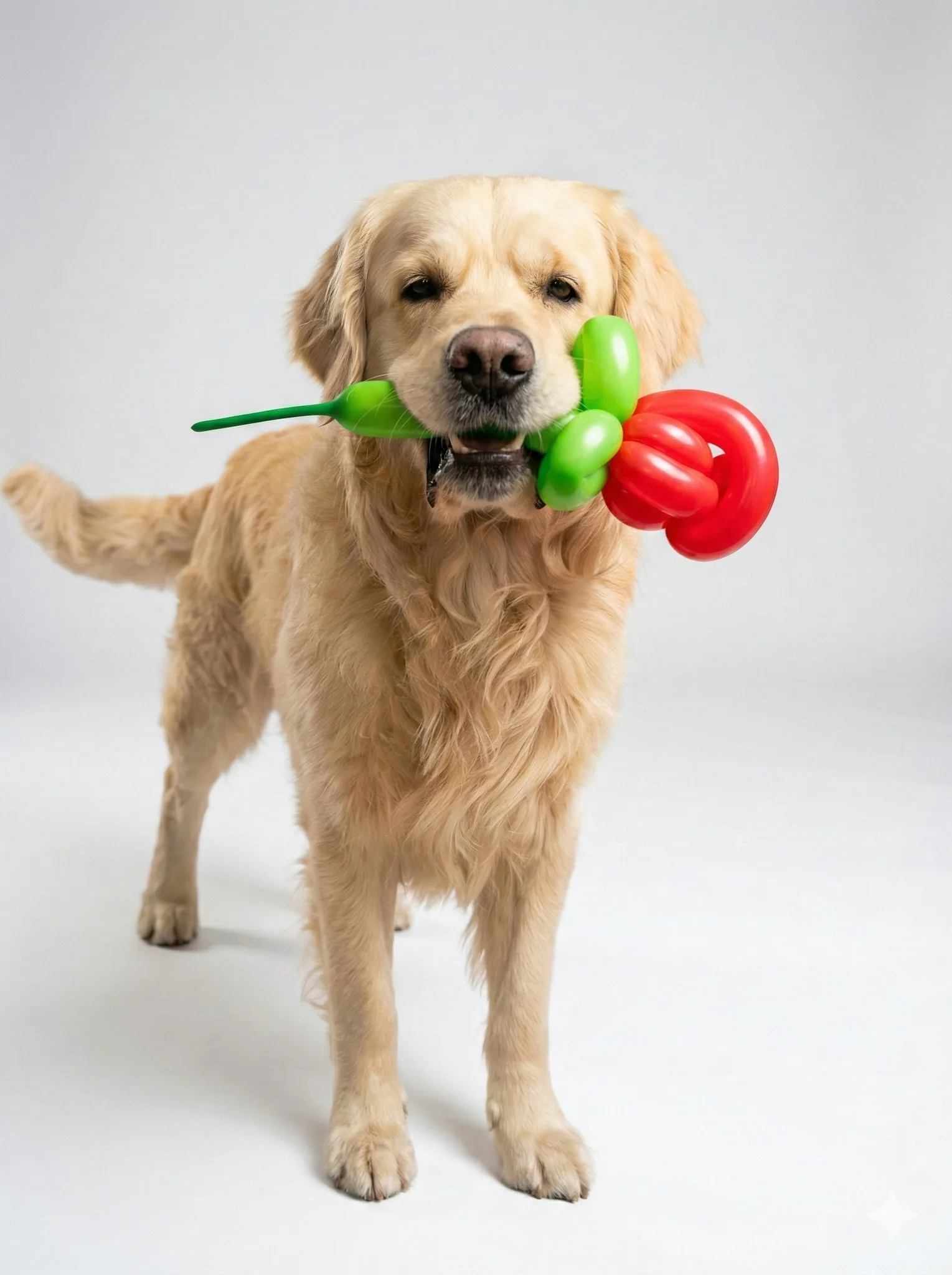 Hond met een geplooide ballonroos in de mond
